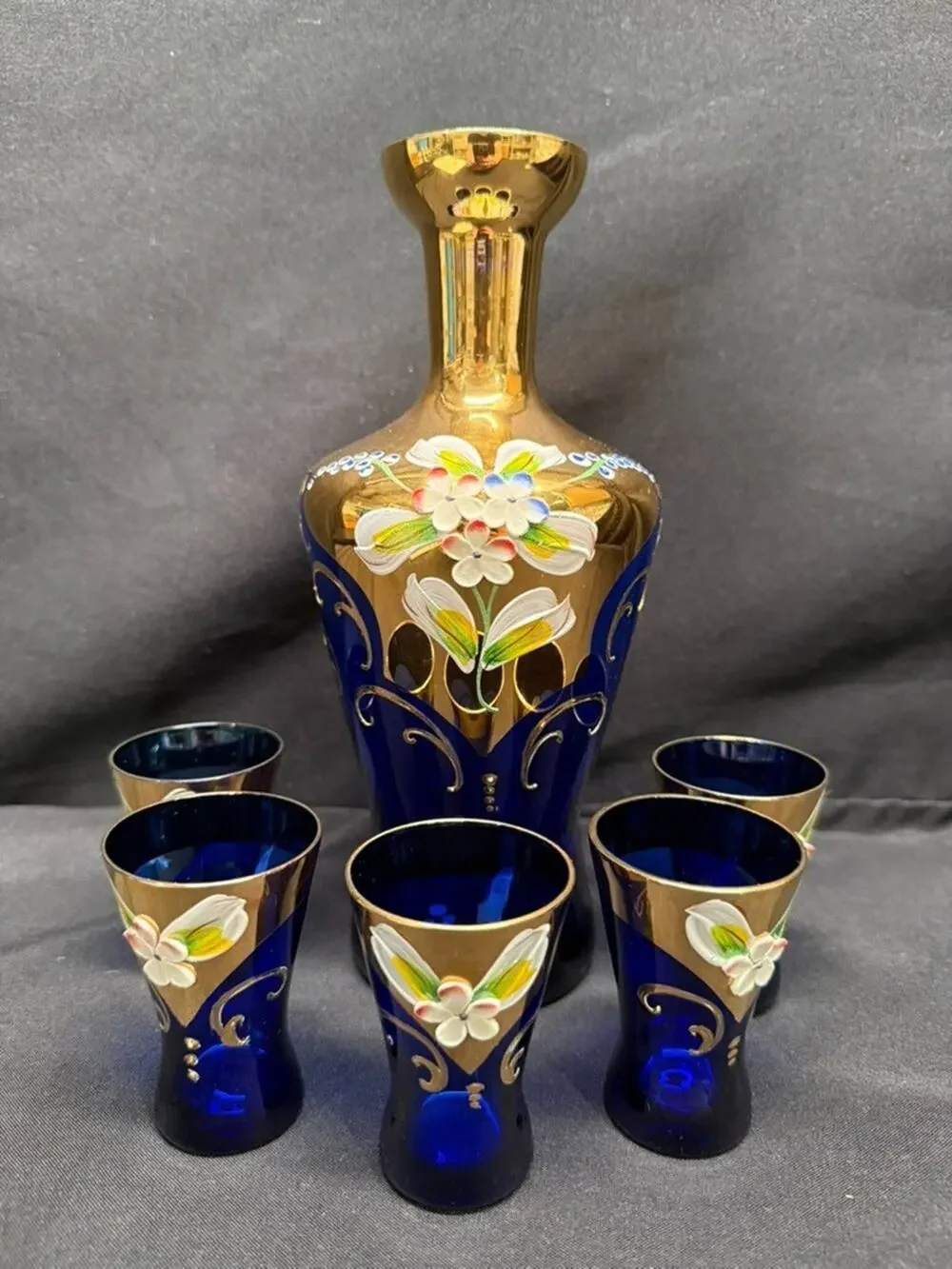 Cobalt Blue & Gold Bohemian Style Decanter (5) Shot Glasses Hand Painted Flowers